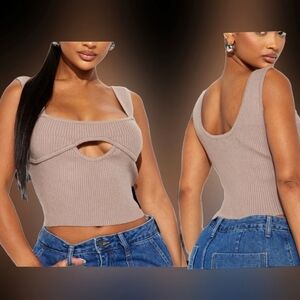 Fashion Nova taupe under boob keyhole cutout ribbed sweater tank top 1X NWT